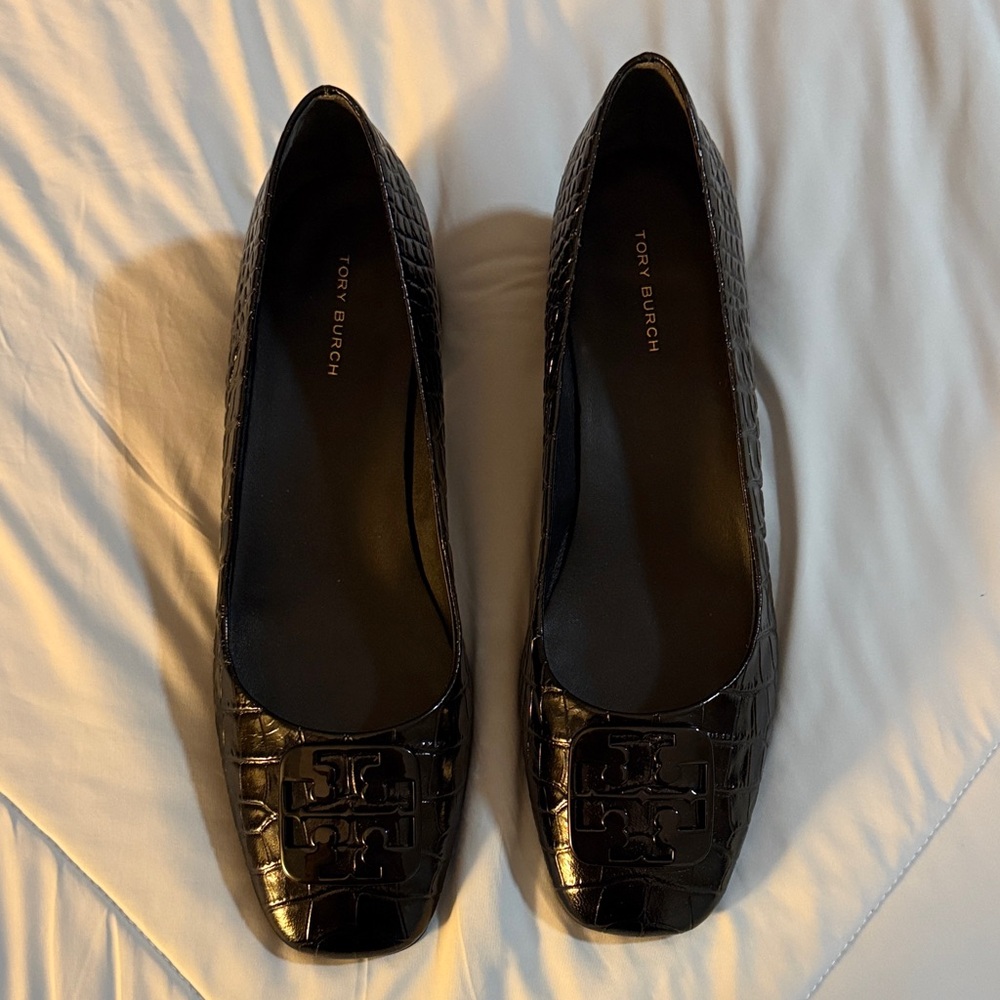 Tory Burch Black Croc-Embossed Flats